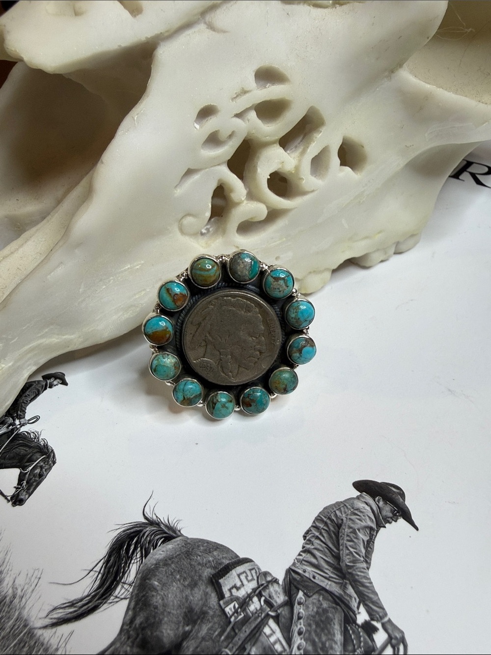 Turquoise Indian Coin Cluster Ring - 9.25 Sterling Silver